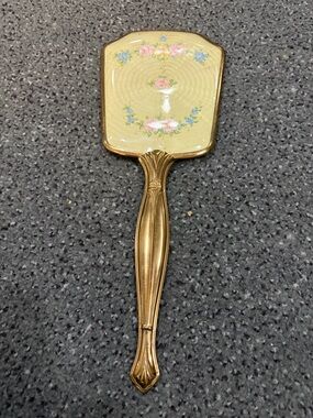 Vintage Gold Hand Mirror with Floral Guilloche